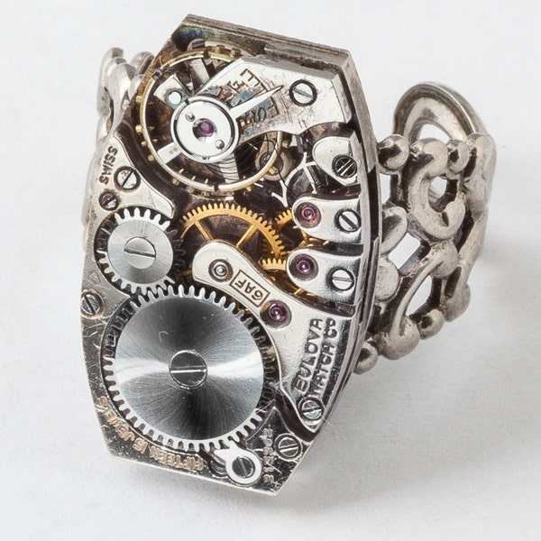 Steampunk Ring Vintage watch movement gears silver filigree clock work Industrial Statement Cocktail adjustable ring Gift Steampunk jewelry