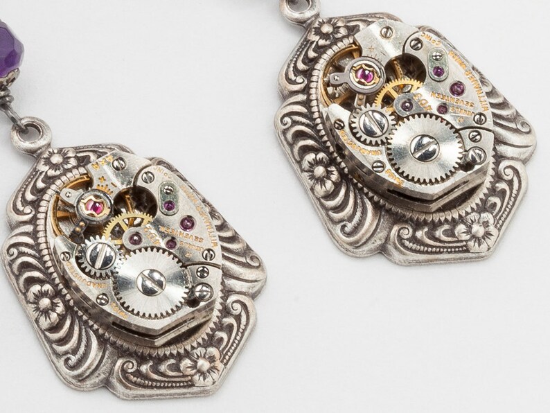 Steampunk Earrings Vintage Watch Movements with Genuine Purple Amethyst, silver filigree, Victorian flower dangle Earrings Jewelry Gift image 2