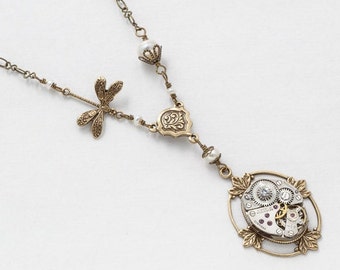 Steampunk Necklace with Vintage Silver Watch & Gears on Leaf Motif Pendant with Pearl, Crystal and Gold Dragonfly Charm, Womens jewelry Gift