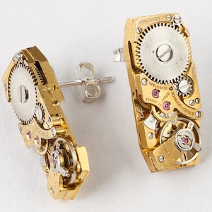 Steampunk Earrings vintage gold watch movements with gears & ruby jewels Sterling Silver post stud earrings clockwork jewelry womens Gift