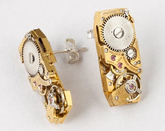 Steampunk Earrings vintage gold watch movements with gears & ruby jewels Sterling Silver post stud earrings clockwork jewelry womens Gift