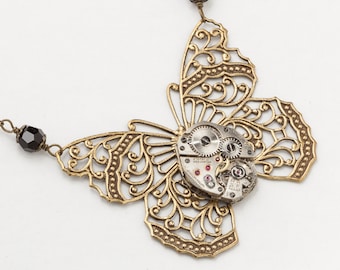 Steampunk Necklace vintage silver watch movement gold filigree butterfly black crystal pendant Statement necklace Gift Steampunk Jewelry