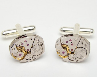 Steampunk cufflinks with Vintage Elgin Watch Movements, Wedding or Anniversary Gift, Grooms Formal Wear, Silver Cuff Links, Mens Jewelry