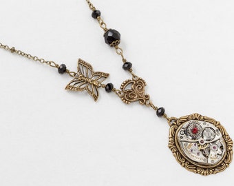 Steampunk Necklace Vintage Silver Watch Movement with Gold Filigree Butterfly Charm, Black Crystal Beads & Red Ruby Stone Jewelry Gift 2826