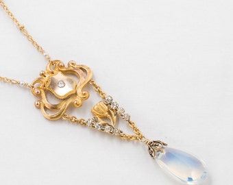 Victorian Lavalier Necklace in Gold Filled with Genuine Pearl, Crystal Paste & Moonstone, Flower Motif, Vintage Lavaliere Pendant, Gift