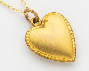 Victorian Puffy Heart Necklace in Gold Filled, Vintage Puffy Heart Charm with Matte Finish and Milgrain design, Antique Jewelry Gift For Her