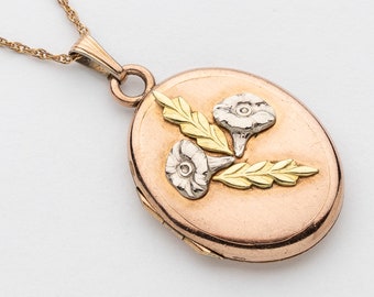 Vintage Locket Necklace with Flower and Leaf Design in White, Yellow & Rose Gold Filled, Old Photo Locket, Art Deco Jewelry, Gift For Her