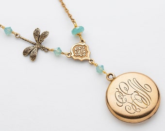 Victorian Locket Necklace with Blue Chalcedony & Swarovski Crystal in Gold Filled, Dragonfly Charm, Hand Engraved Monogram, Old Photo Locket