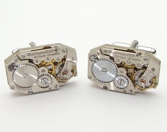 Steampunk Cufflinks Vintage Waltham Watch Movements ideal Wedding Anniversary Gift, Silver Cuff links, Mens Jewelry by Steampunk Nation 2946