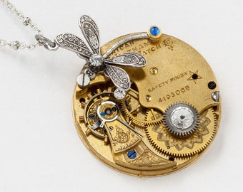 Steampunk Necklace Vintage Waltham gold pocket watch movement with blue sapphire, Swarovski crystal & silver dragonfly pendant gift 2791