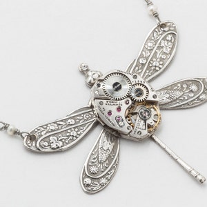 Steampunk Silver Dragonfly Necklace with Vintage Watch Movement and flower Leaf Motif, Pearl & Swarovski Crystal Statement Steampunk jewelry