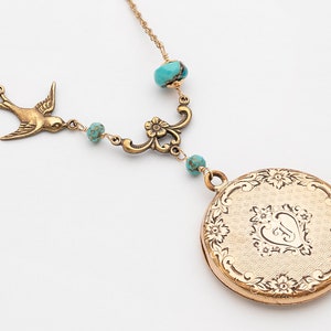 Antique Victorian Locket Necklace in Gold Filled with Blue Turquoise and Bird Charm, Hand Engraved Flower & Leaf Motif, Vintage Jewelry Gift