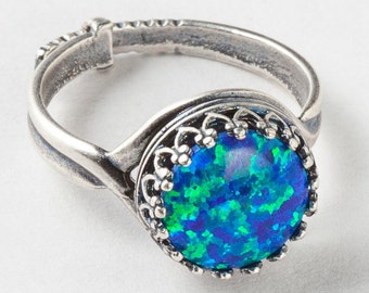 Silver Opal Ring, Black Opal Ring, Silver Filigree Ring with Adjustable Band, Statement Ring, Cocktail Ring, October Birthstone Jewelry Gift