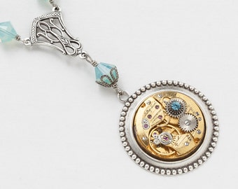 Steampunk Necklace Vintage gold watch movement with blue opal Swarovski crystal beads & silver filigree pendant Victorian Jewelry gift