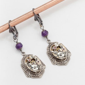 Steampunk Earrings Vintage Watch Movements with Genuine Purple Amethyst, silver filigree, Victorian flower dangle Earrings Jewelry Gift image 1