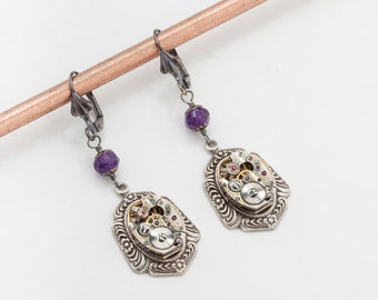 Steampunk Earrings Vintage Watch Movements with Genuine Purple Amethyst, silver filigree, Victorian flower dangle Earrings Jewelry Gift