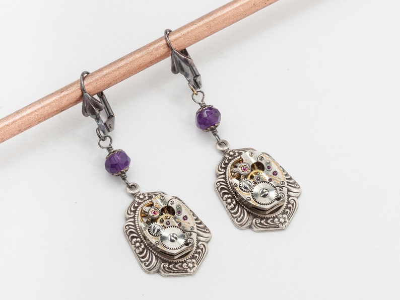 Steampunk Earrings Vintage Watch Movements with Genuine Purple Amethyst, silver filigree, Victorian flower dangle Earrings Jewelry Gift image 1