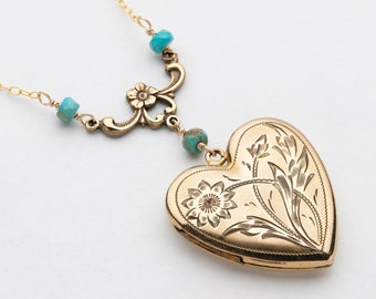 Vintage Puffy Heart Necklace, Art Deco Locket with Floral Engraving in Gold Filled with Blue Turquoise, Old Photo Locket, Antique Jewelry