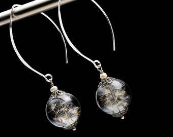 Dandelion Earrings in Glass with Genuine Pearl on Silver Ear Wires, Sturdy & Lightweight, Wish Earrings, Dandelion Seed Jewelry Gift For Her