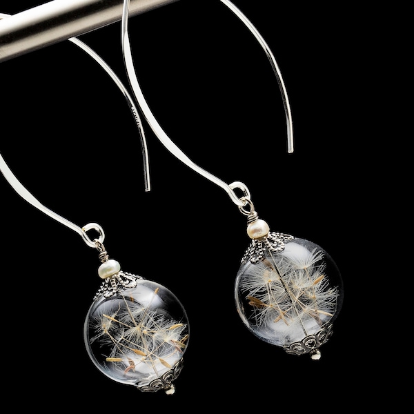 Dandelion Earrings in Glass with Genuine Pearl on Silver Ear Wires, Sturdy & Lightweight, Wish Earrings, Dandelion Seed Jewelry Gift For Her