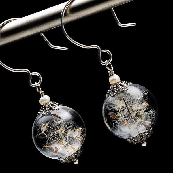 Dandelion Earrings, Wish Earrings, Real Dandelion Seeds in Blown Glass, Pearl & Filigree on Sterling Silver Ear Wires, Wish Jewelry Gift