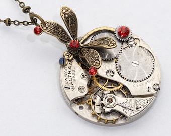 Dragonfly Necklace, Steampunk Jewelry with Vintage Waltham Pocket Watch and Ruby Red Swarovski Crystal set in Gears on Gold Beaded Chain