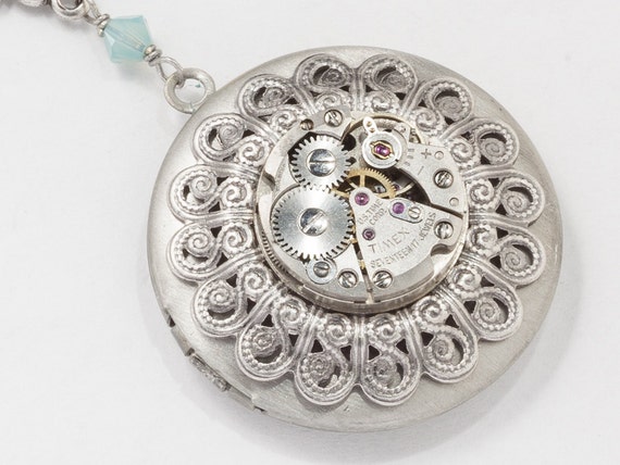 Steampunk Necklace, Round Locket with Vintage Wat… - image 3