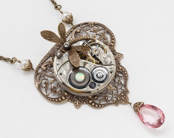 Steampunk Necklace Vintage French floral filigree silver pocket watch movement with Opal, Pearl, pink Quartz & gold dragonfly on rope chain