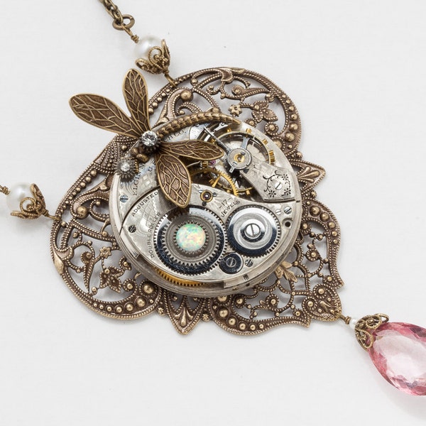 Steampunk Necklace Vintage French floral filigree silver pocket watch movement with Opal, Pearl, pink Quartz & gold dragonfly on rope chain