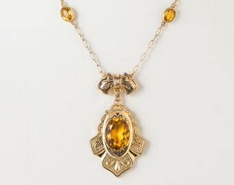 Victorian Revival Lavalier Necklace in Gold Filled with Citrine Glass Stones, Leaf Motif, Vintage Lavaliere Pendant, Jewelry Gift For Her