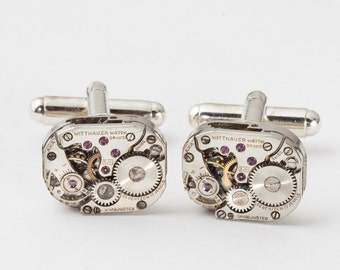 Steampunk Cuff Links Wittnauer Watch Movements Wedding Anniversary, Grooms Gift Vintage Silver Watch CuffLinks Formal Wear Mens Jewelry 2895