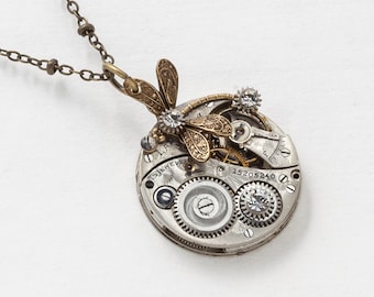 Steampunk Necklace, Gold Dragonfly Necklace with Vintage Elgin Silver Pocket Watch Movement & Gears, Swarovski Crystal Pendant, Jewelry Gift