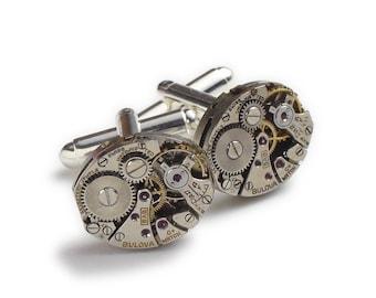 Steampunk Cufflinks Steampunk Jewelry Vintage Bulova watch movements gears Wedding Anniversary Groom Gift silver cuff links men jewelry