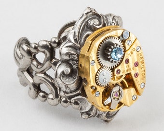 Steampunk Ring with Vintage Gold Hamilton Watch on Adjustable Ring, Silver Filigree Band & Blue Topaz Crystal Set in Gear, Steampunk Jewelry