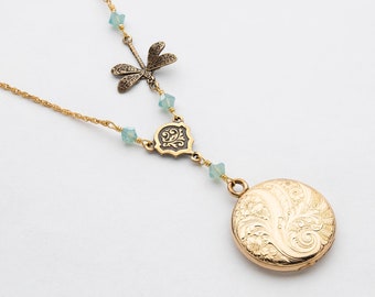 Victorian Locket Necklace in Gold Filled with Leaf and Flower Engraving, Blue Crystal & Dragonfly Charm on Vintage Rope Chain, Gift For Her