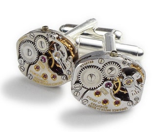 Antique Longines Watch Steampunk Cufflinks with Ruby Jewels, Ideal for Wedding Anniversary, Grooms Gift, Silver Cuff Links, Vintage Jewelry