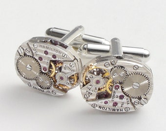 Steampunk Cufflinks with Vintage Hamilton Pinstripe Watch Movements, Ideal Anniversary Gift, Grooms Gift, Silver Cuff Links, Wedding Jewelry