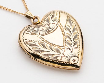 Vintage Heart Locket Necklace, Antique Heart Charm, Leaf & Flower Engraved in Gold Filled, Old Photo Locket, Vintage Jewelry, Gift For Her