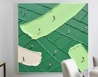 May include: A large square canvas painting featuring thick, textured impasto brushstrokes in shades of forest green, lime green, and cream. Small, detailed figures of people playing golf are scattered across the painted surface.