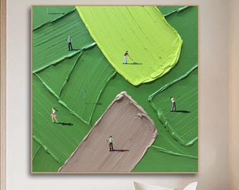 May include: A square oil painting featuring thick, textured impasto brushstrokes in shades of lime green, forest green, and beige. Small, miniature figures of people are scattered across the surface, appearing to play golf on the painted terrain.