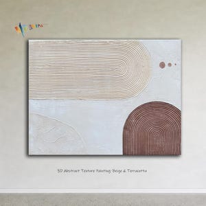 Op de afbeelding: Abstracte textuurschilderij in beige en terracotta. Het kunstwerk toont een horizontaal beige rechthoek met gebogen lijnen, een terracotta halve cirkel en twee kleine bruine cirkels. De tekst onderaan luidt "3D Abstract Texture Painting: Beige & Terracotta."
