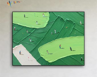May include: A textured oil painting on canvas featuring multiple small figures playing golf across abstract, thick brushstrokes of light green, dark green, and white paint. The composition depicts various golfers in motion on a stylized course.