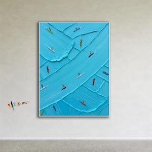 May include: A textured painting featuring a bright turquoise blue background with thick, raised paint strokes representing water. Numerous small figures are depicted standing on colorful paddleboards, scattered across the surface of the water.