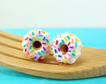 Donut Earrings // Donuts with Rainbow Sprinkles and Vanilla Bean Icing // MADE TO ORDER // Post or Clip On Earrings