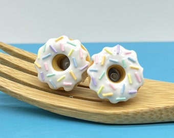 Donut Earrings // Pastel Rainbow Sprinkles Donuts with Vanilla Bean Icing // MADE TO ORDER // Post or Clip On Earrings