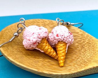 Ice Cream Earrings // Strawberry Ice Cream // Food Jewelry // MADE TO ORDER Miniature Food Earrings