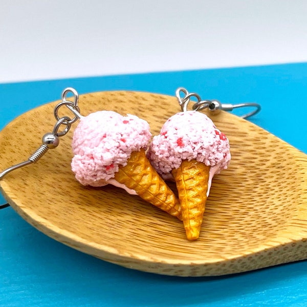 Ice Cream Earrings // Strawberry Ice Cream // Food Jewelry // MADE TO ORDER Miniature Food Earrings