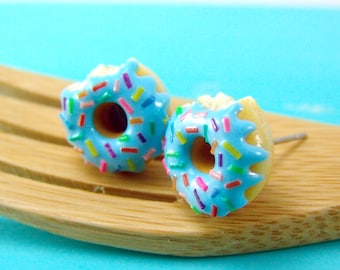 Blue Donut Earrings with Rainbow Sprinkles // MADE TO ORDER // Post Earrings // Mini Donuts Food Earrings