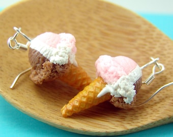 Ice Cream Earrings // Neapolitan Ice Cream Cones // Food Jewelry // MADE TO ORDER // Miniature Food Earrings