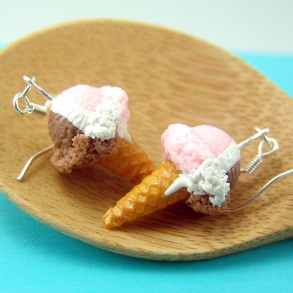 Ice Cream Earrings // Neapolitan Ice Cream Cones // Food Jewelry // MADE TO ORDER // Miniature Food Earrings